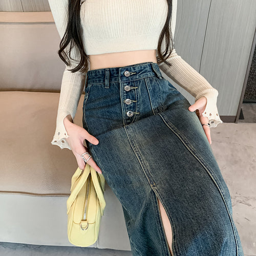 Damen Langer Denim-Rock mit Frontschlitz Drune