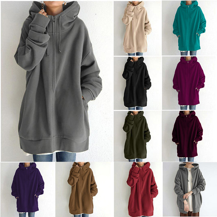 Damen nan oversized Kapuzenlongpullover mit Reißverschluss und Eingrifftaschen Drune
