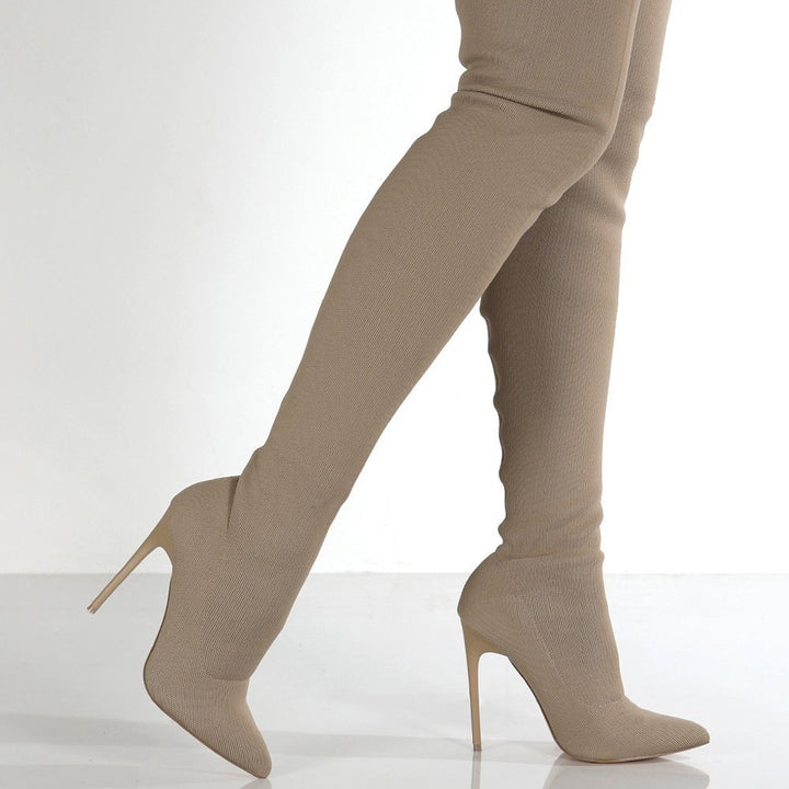 Damen Overknee-Stretch-Strickstiefel mit spitz zulaufender Schuhspitze Drune