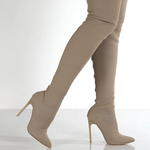 Damen Overknee-Stretch-Strickstiefel mit spitz zulaufender Schuhspitze Drune