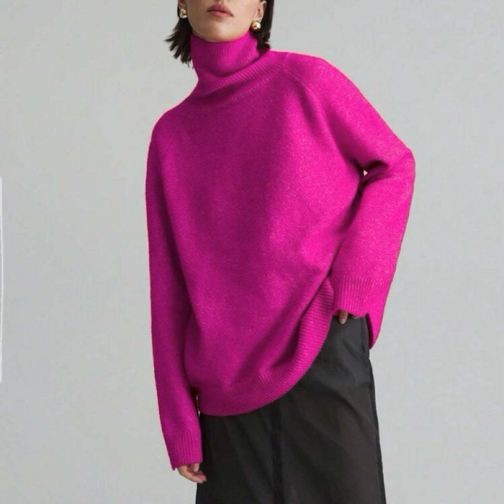 Damen Oversize Rollkragen-Feinstrickpullover mit Raglanärmeln und seitlichen Schlitzen Drune