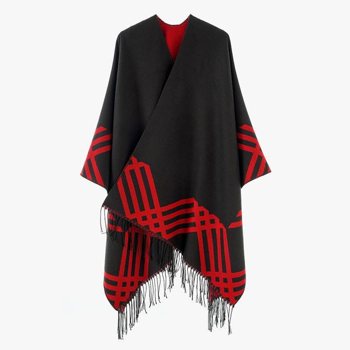 Damen Oversize-Kimono-Poncho aus Wollmix mit grafischem Raster-Jacquard und Fransensaum Drune