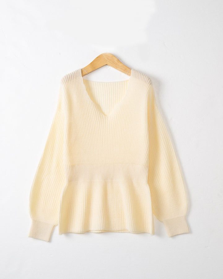 Damen Lockerer Feinstrick-Pullover mit V-Notch-Ausschnitt, Tailliertem Rippbund und Ballonärmeln Drune