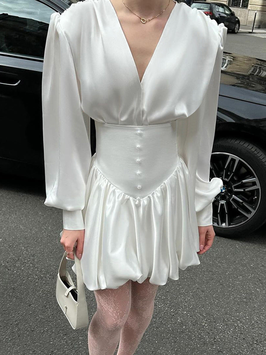 Damen elegantes Minikleid mit tiefem V-Ausschnitt, voluminösen Ärmeln und taillierter Taille Drune
