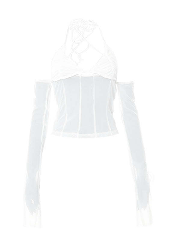 Damen Crop-Top mit transparentem Design und raffinierten Rüschenärmeln Drune