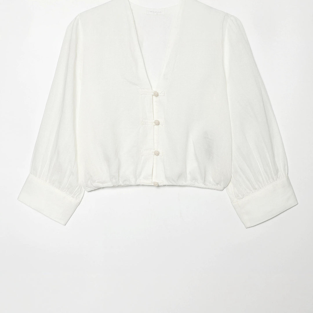 Damen Cropped-Bluse im Tai-Chi-Stil mit Stehkragen, Knotenverschlüssen und Ballonärmeln Drune
