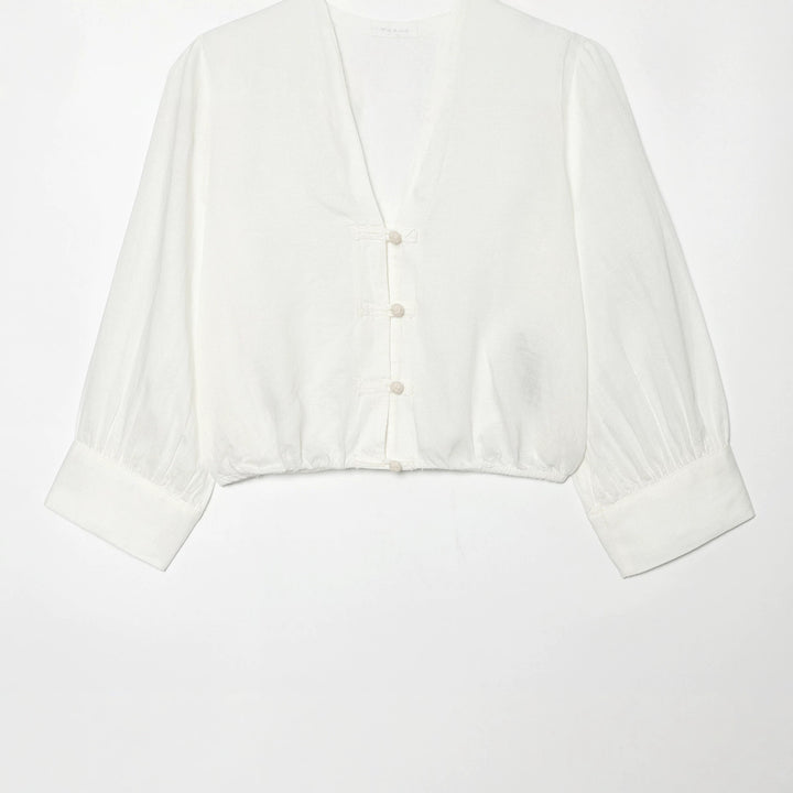 Damen Cropped-Bluse im Tai-Chi-Stil mit Stehkragen, Knotenverschlüssen und Ballonärmeln Drune