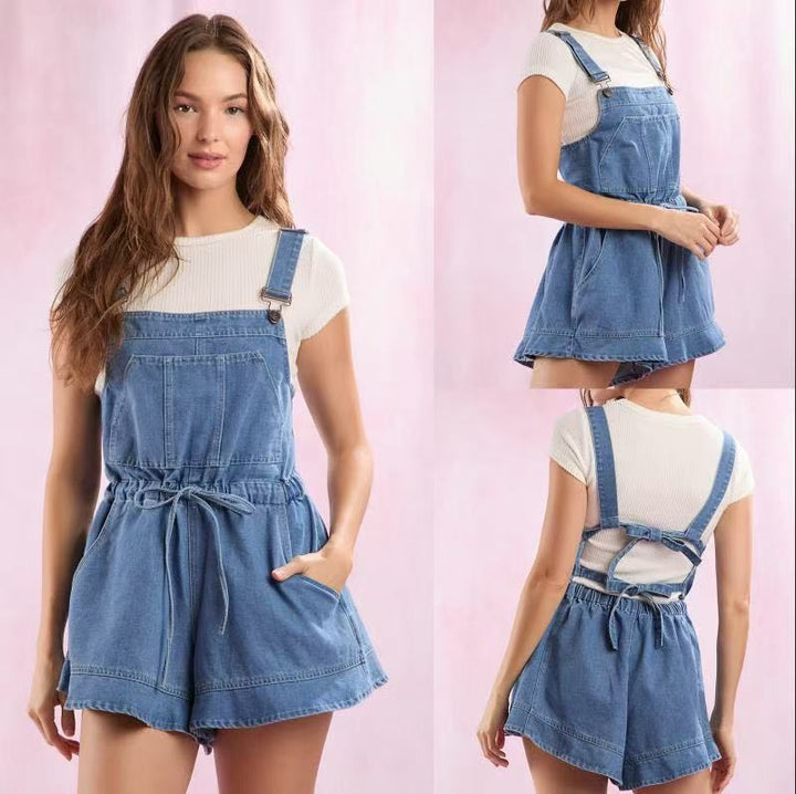 Damen Jeans-Latzkleid mit verstellbaren Trägern und praktischem Kordelzug Drune