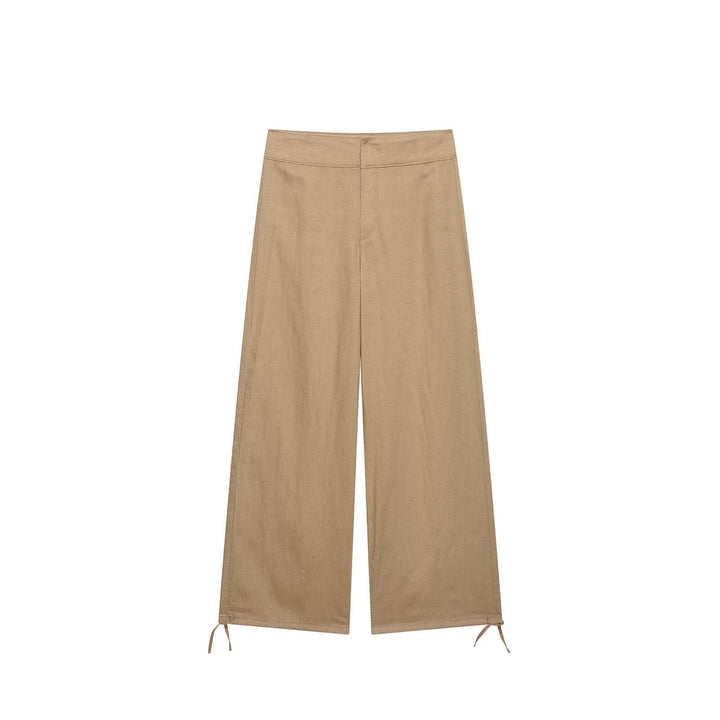 Damen Hochtaillierte Leinen-Mix Weite Hose mit Tunnelzug-Bund und Kordel-Saum Drune