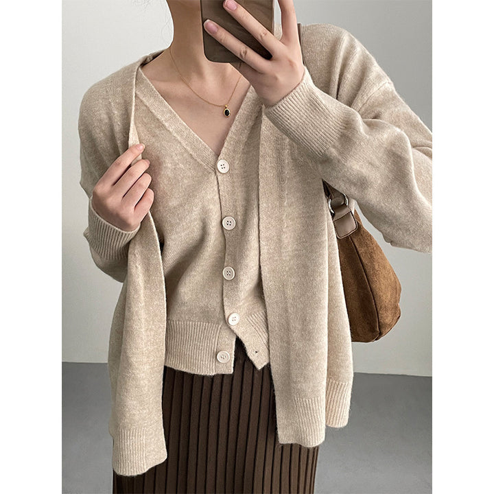 Damen Modische Strickjacke mit V-Ausschnitt und Knopfverschluss Drune