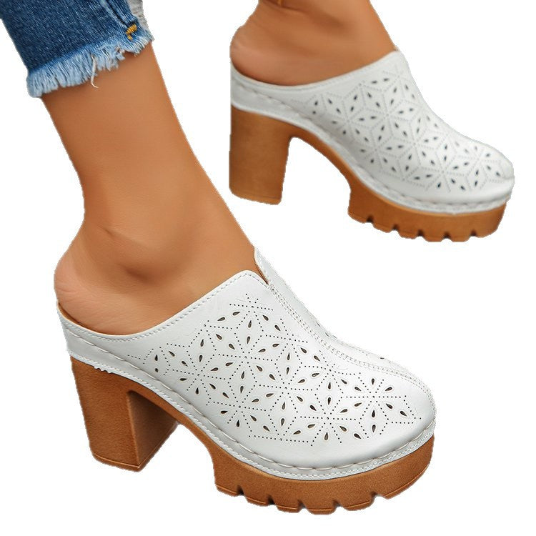 Damen Offene Clogs mit floralem Cut-Out Design und klobigem Absatz Drune