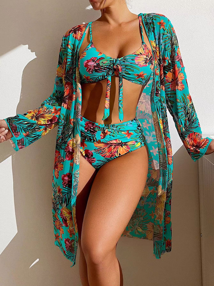 Damen Bikini-Set mit floralen Mustern und luftiger Kimono-Überjacke Drune
