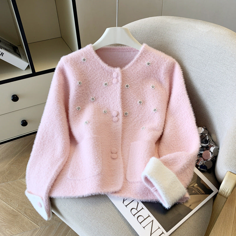 Damen Eleganter Strickjacke mit Perlen-Details Drune