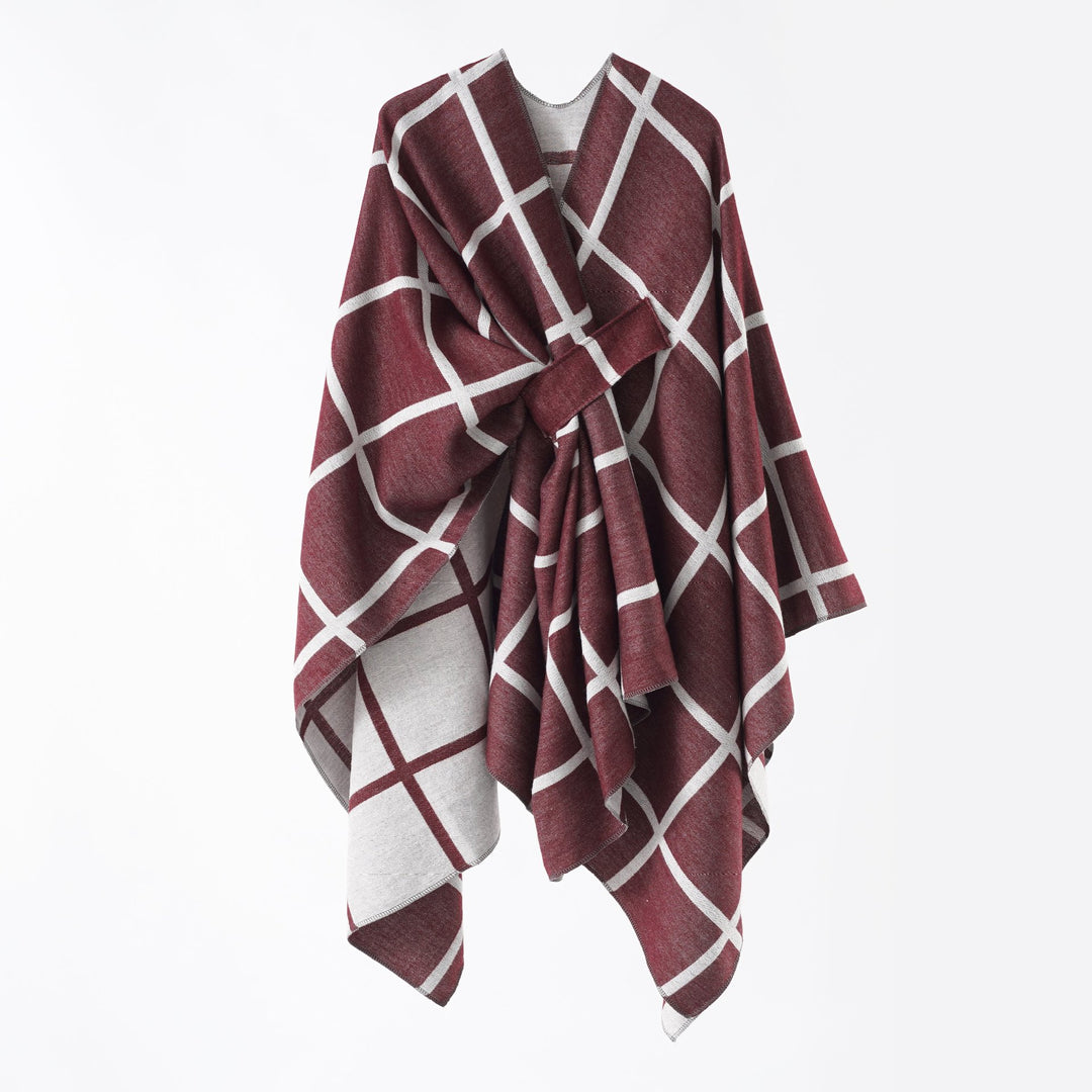 Damen Oversize Wollmix Poncho mit Gürtel und Karomuster Drune