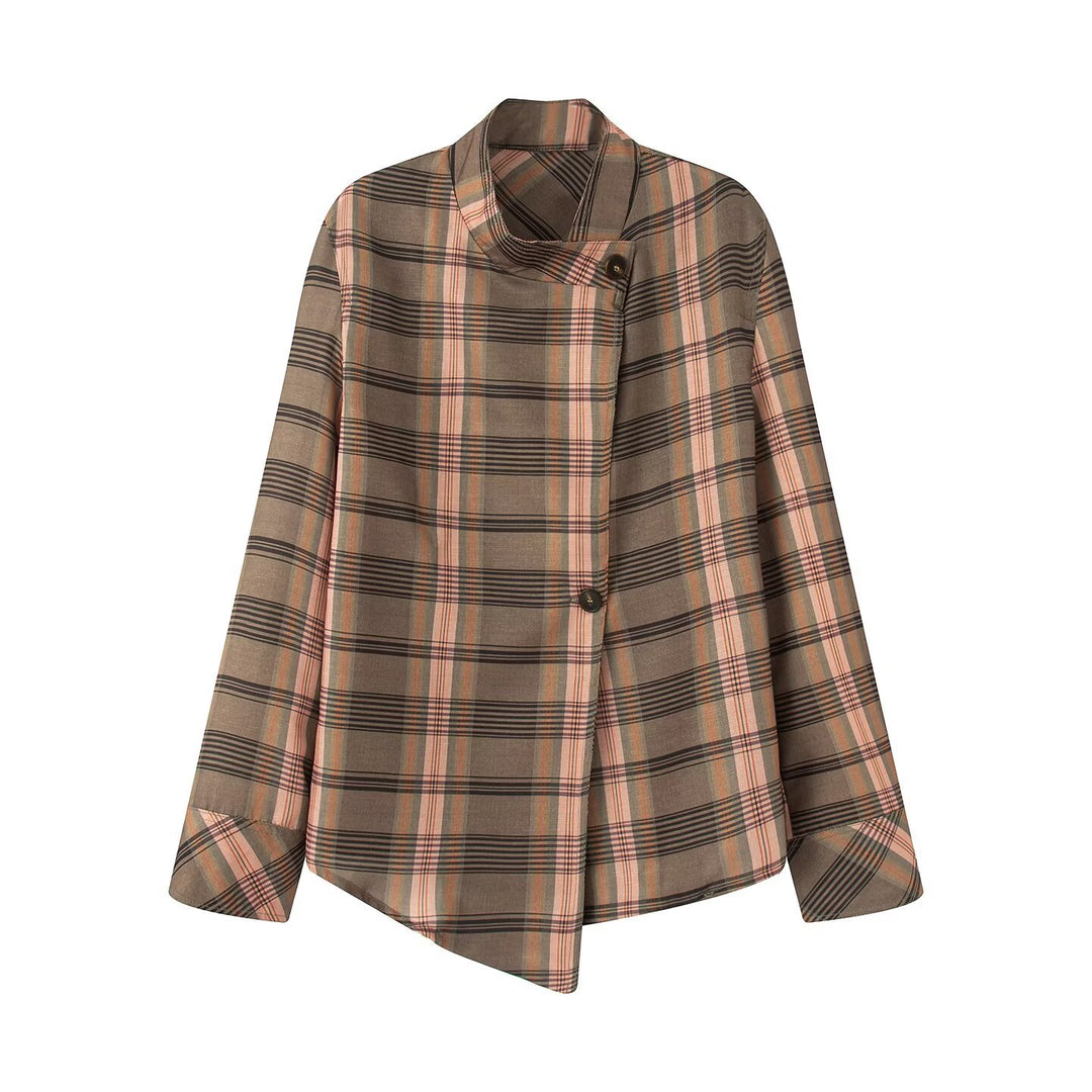 Damen Asymmetrische Cape-Bluse im Karo-Muster mit Stehkragen und Knopfverschluss Drune