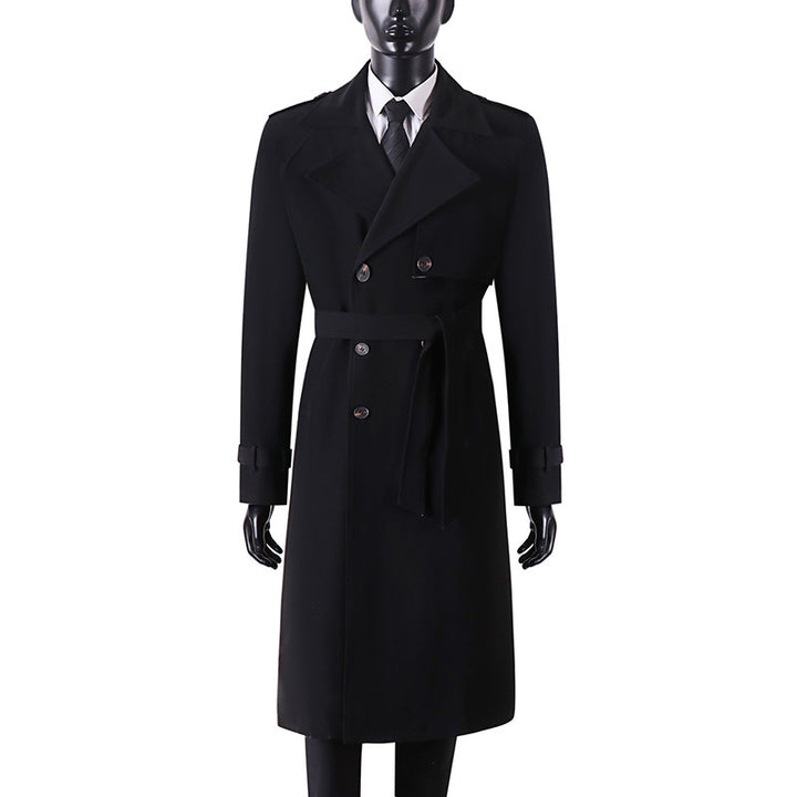 Herren Langer Minimalistischer Trenchcoat mit Sturmklappe Taillengürtel und verstellbaren Manschetten Drune