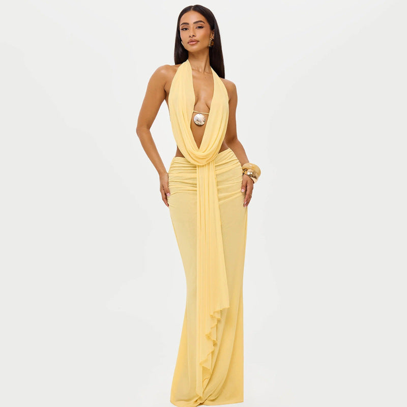 Damen Elegantes und raffiniertes Maxikleid mit tiefem Ausschnitt und Drapierung Drune