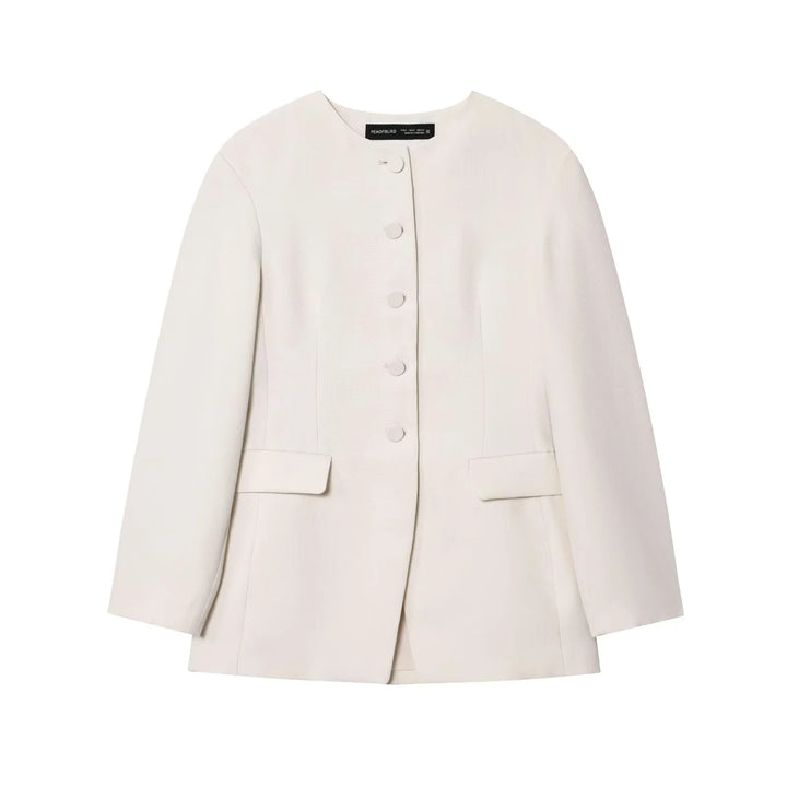 Damen nan taillierte Blazerjacke mit Rundhalsausschnitt, verdeckter Knopfleiste und Pattentaschen Drune