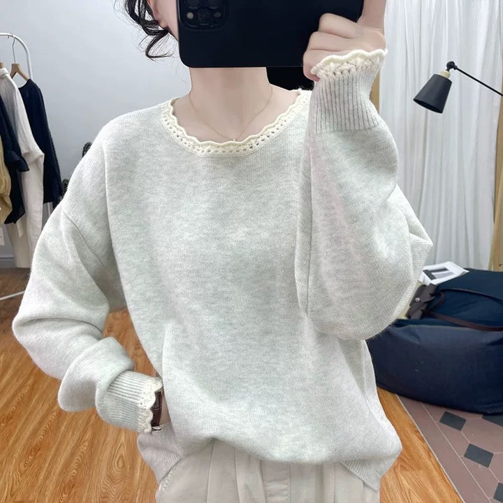 Damen Pullover im lässigen Oversized-Stil mit romantischem Spitzenrand Drune