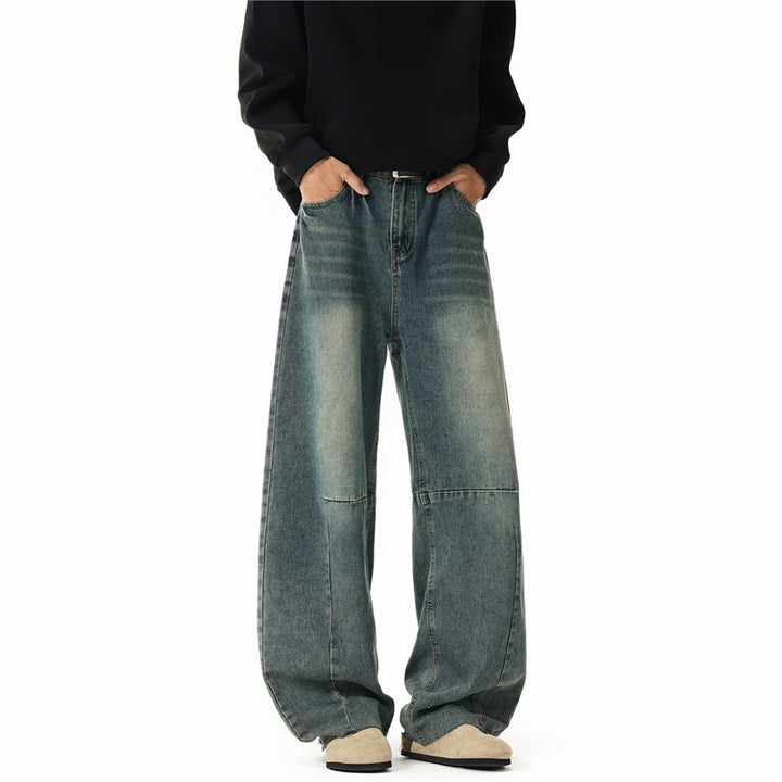 Herren Weit geschnittene Baggy-Jeans mit hoher Bundhöhe, Knie‑Abnähern und Used‑Waschung Drune