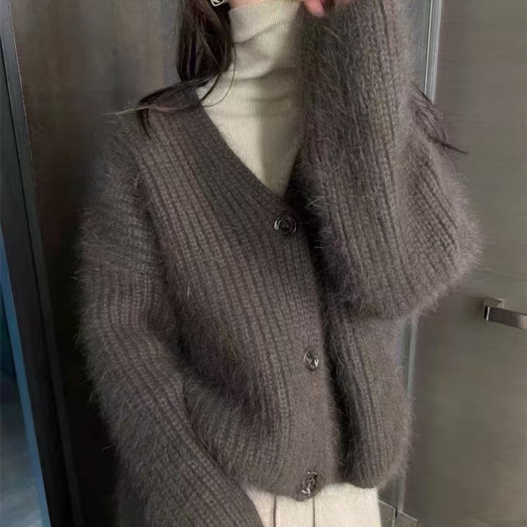 Damen Flauscher Strickjacke mit Knopf und lässigem Schnitt Drune