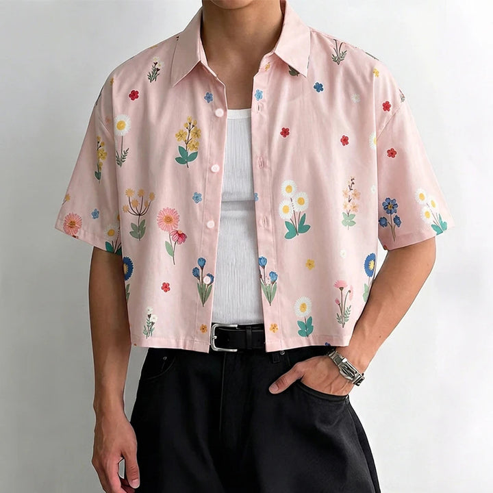 Damen nan kastig geschnittene Kurzarm-Hemdbluse mit floralem Allover-Print, Hemdkragen und kurzem Saum Drune