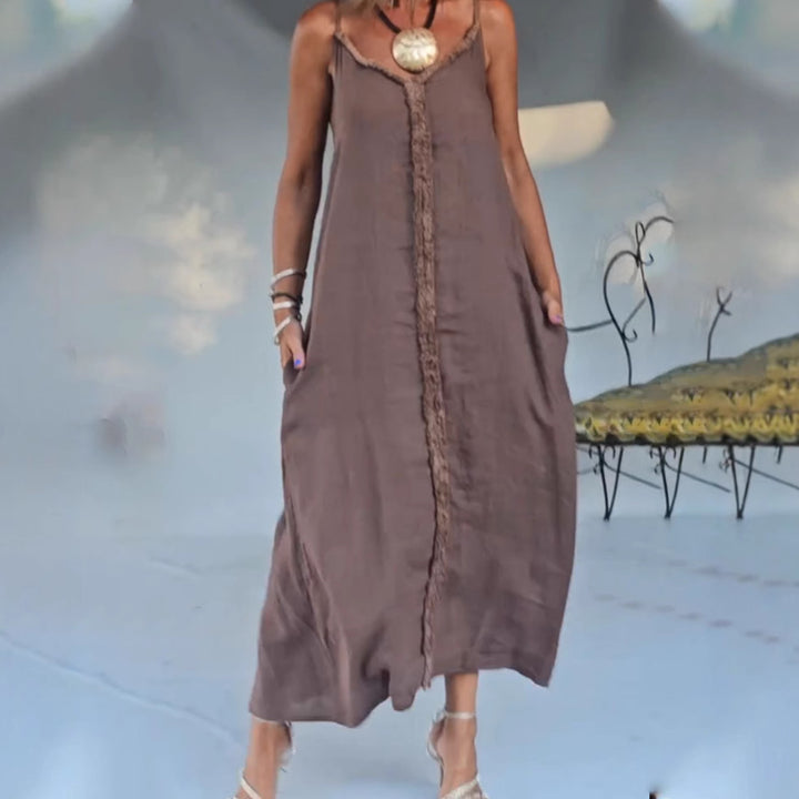 Damen nan luftiges Leinenoptik-Maxi-Trägerkleid mit fransiger Mittelnaht und Eingrifftaschen Drune