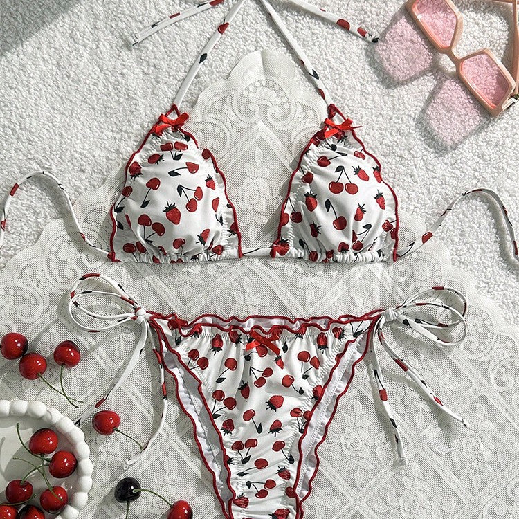 Damen Triangel-Bikini mit ausdrucksstarkem Kirschmotiv und verspielten Bindebändern Drune