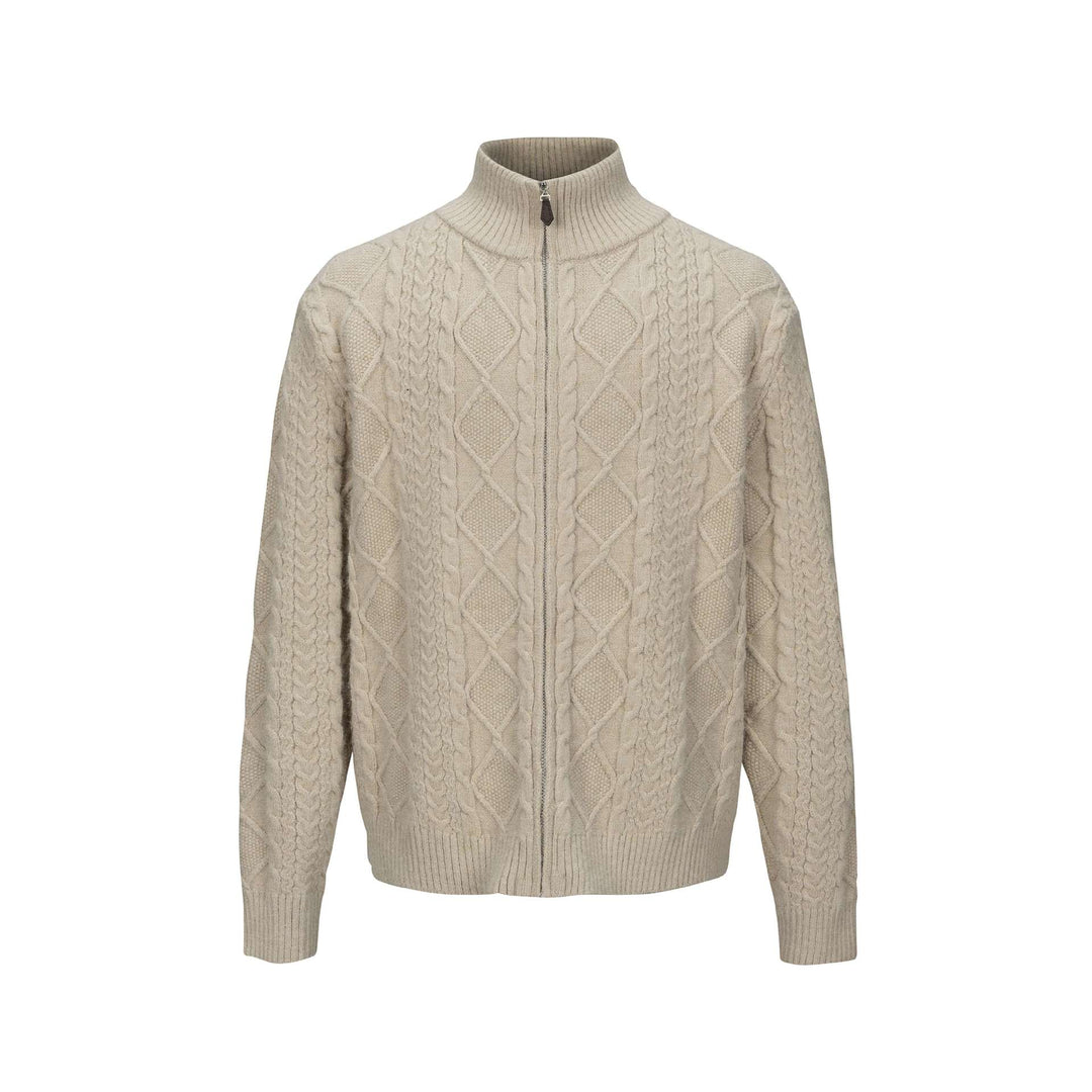 Herren Strick-Zipjacke mit Zopfmuster und hohem Stehkragen Drune