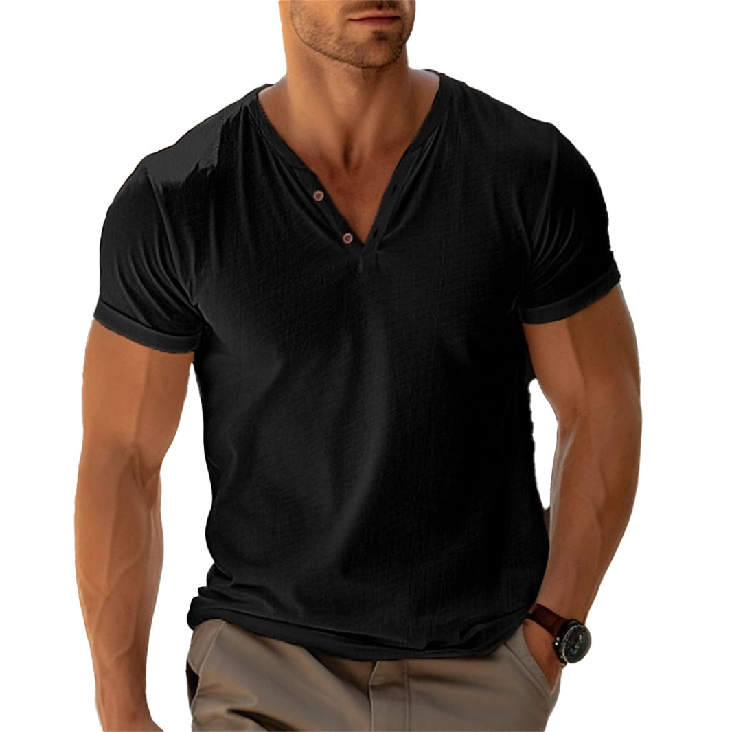 Herren nan tailliertes Henley-T-Shirt mit V-Ausschnitt kurzer Knopfleiste und krempelbaren Ärmeln Drune