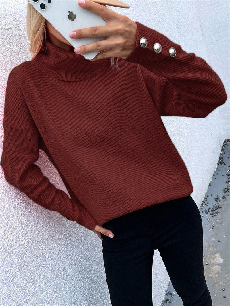 Damen Gerippter Rollkragenpullover mit Oversize-Schnitt und Zierknopfmanschetten Drune