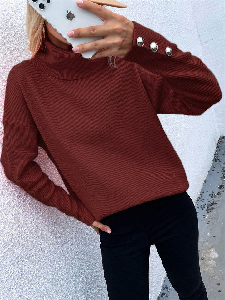Damen Gerippter Rollkragenpullover mit Oversize-Schnitt und Zierknopfmanschetten Drune