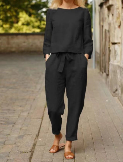 Damen Lässiges Leinen-Loungewear-Set mit Rundhalsausschnitt, Bindegürtel und knöchellanger Hose Drune