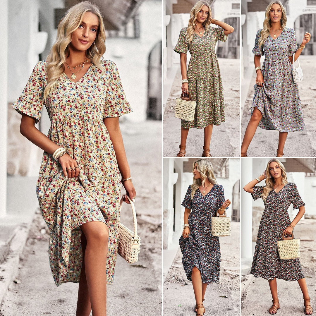 Damen Midi-Kleid mit Floralem Muster und Verspieltem V-Ausschnitt Drune