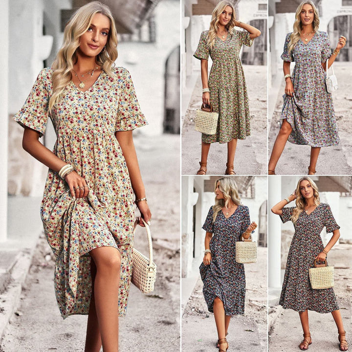 Damen Midi-Kleid mit Floralem Muster und Verspieltem V-Ausschnitt Drune