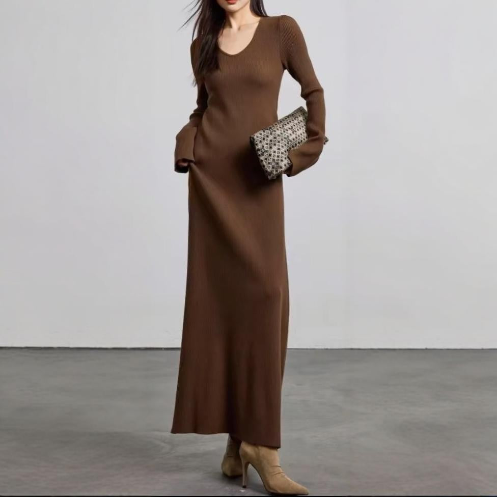 Damen elegantes Maxikleid mit feiner Rippstruktur und V-Ausschnitt Drune