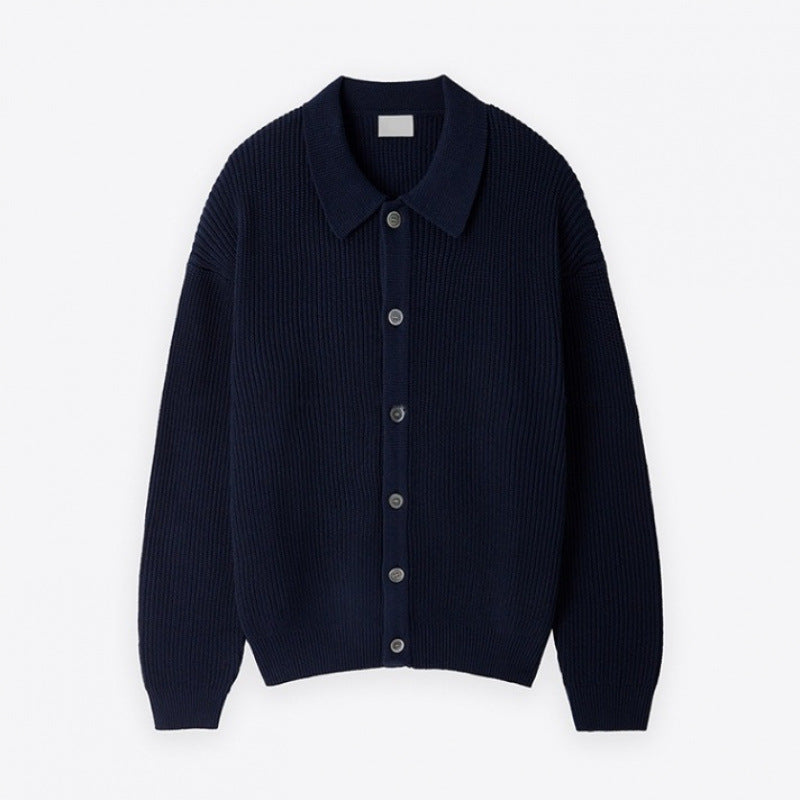 Unisex Grobgerippte Strickjacke mit Hemdkragen und durchgehender Knopfleiste Drune