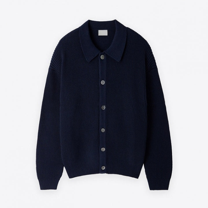 Unisex Grobgerippte Strickjacke mit Hemdkragen und durchgehender Knopfleiste Drune