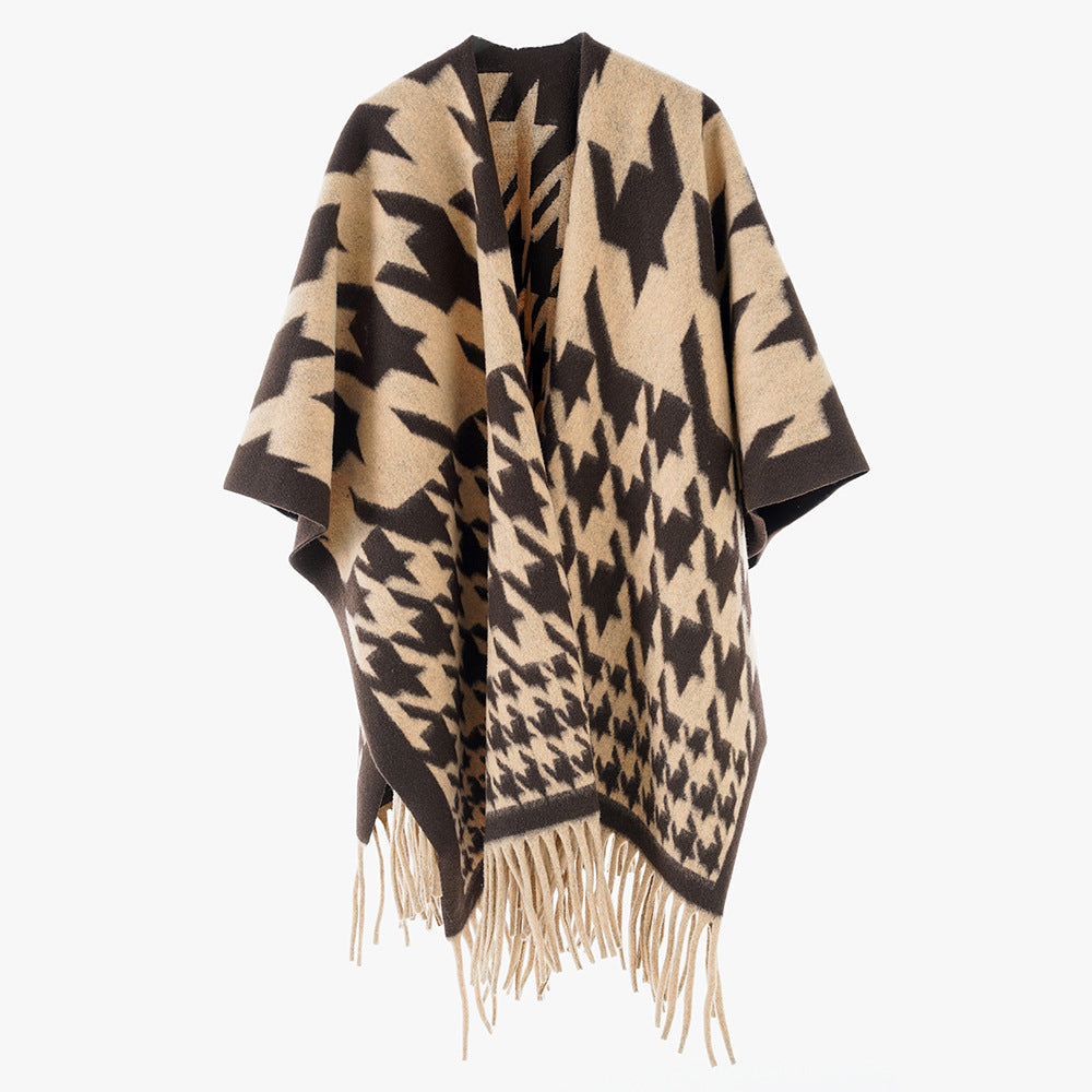 Damen Wollmix-Poncho mit Hahnentritt-Muster und Fransensaum Drune