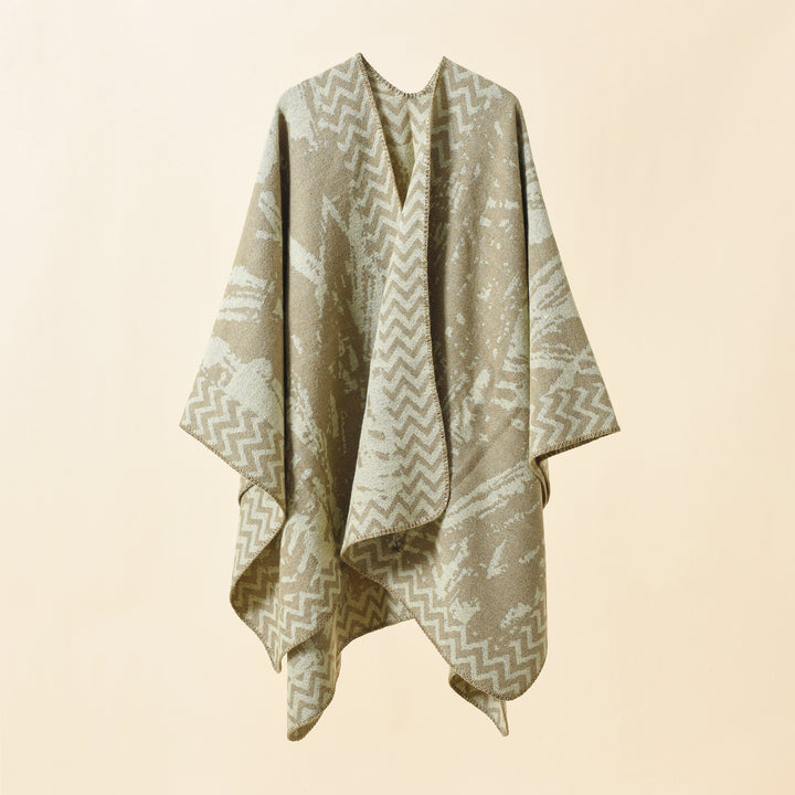 Damen Strick‑Ruana mit abstraktem Jacquard und Kettelsaum Drune
