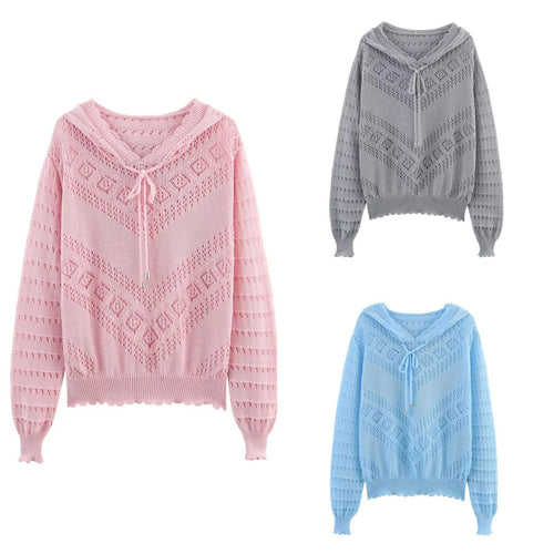 Damen nan Kapuzen-Strickpullover mit Ajourmuster, Tunnelzug und Ballonärmeln Drune