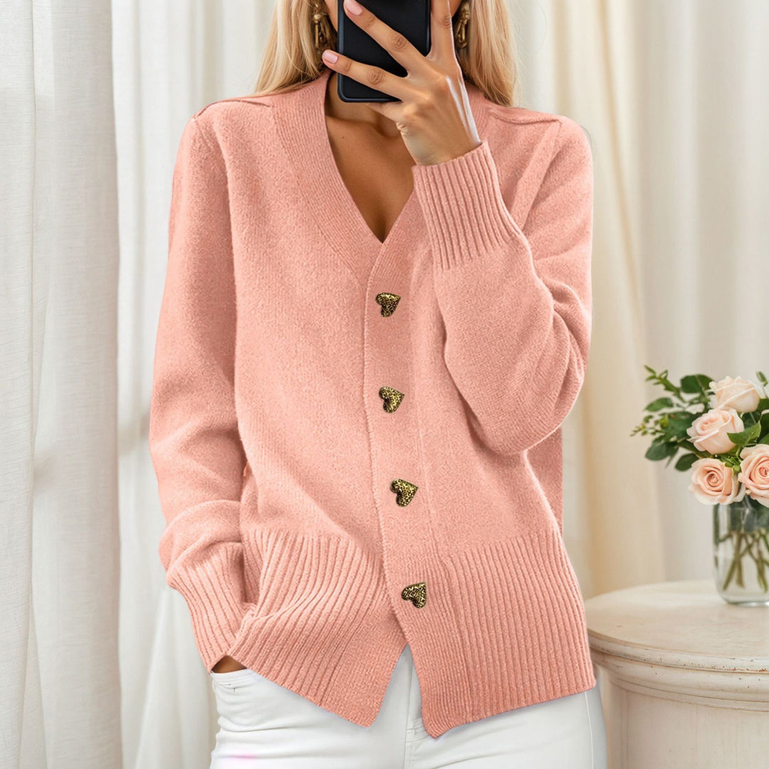 Damen nan lockerer Strickcardigan mit Herzknöpfen und geripptem Saum Drune