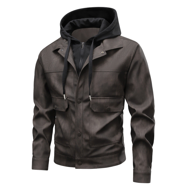 Herren Modische Kunstlederjacke mit Hoodie Drune