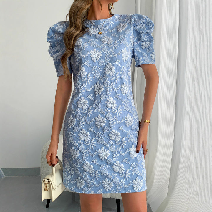 Damen nan florales Jacquard-Minikleid mit gestuften Puffärmeln Drune