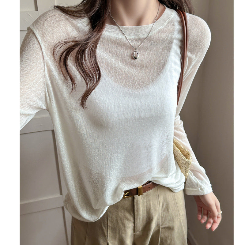 Damen Longsleeve Shirt Aus Leicht Transparentem Material mit Elegantem Fall Drune