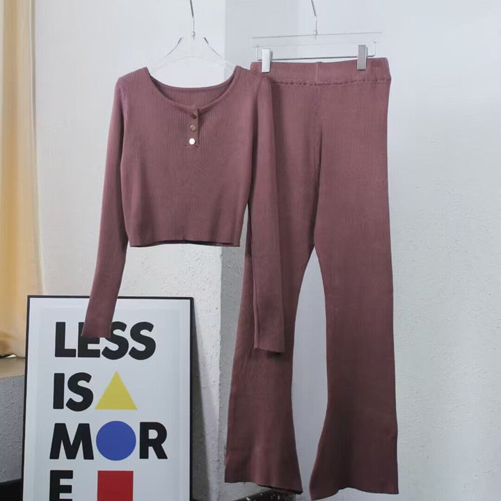 Damen lässiges Strick-Loungewear-Set mit Knopfdetails und weitem Bein Drune