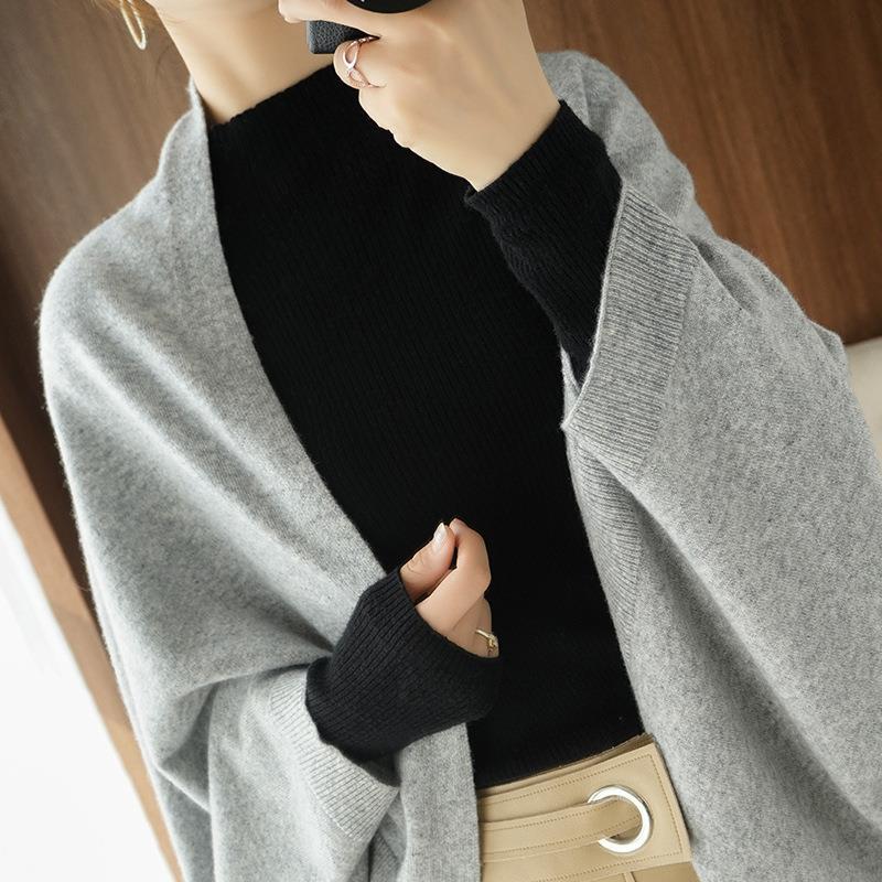 Damen Langer offener Kaschmir‑Look Strick-Wrap mit überschnittener Ärmelpartie Drune