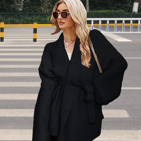 Damen Grobstrick Cardigan mit Gürtel und lockerem Schnitt Drune