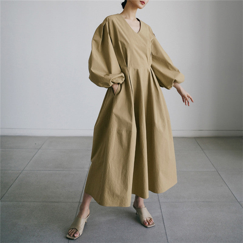Damen Voluminöses Baumwollmix‑Maxikleid mit Ballonärmeln und gerafften Manschetten Drune