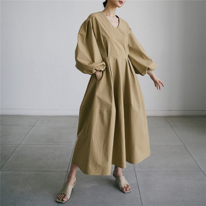Damen Voluminöses Baumwollmix‑Maxikleid mit Ballonärmeln und gerafften Manschetten Drune